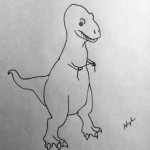 dinossauro tentanto usar fio dental